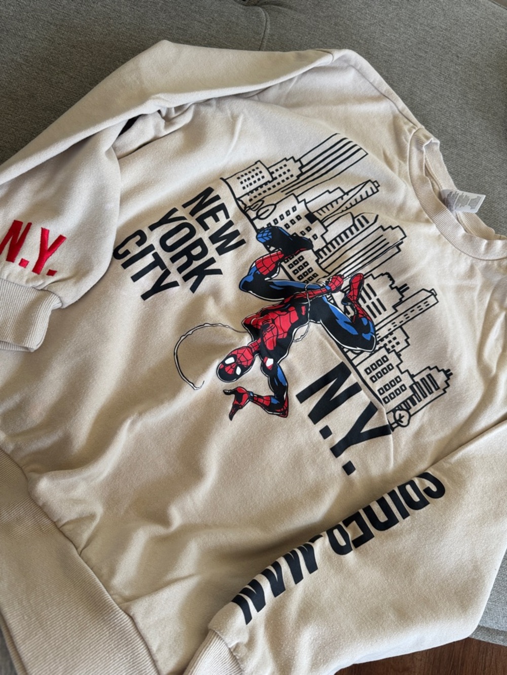 Beige Spider-Man Graphic Crewneck Sweatshirt - Casual NYC Style